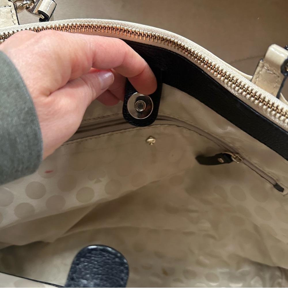 Kate Spade Cream Black Patent Leather Color block Satchel Tote Purse Handbag - Picture 14 of 15